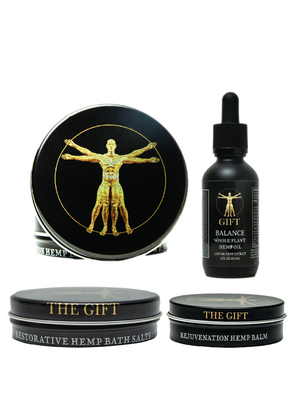 Trio of body wellness products including, rejuvenation hemp balm, restorative hemp bath salts, and hemp oil.